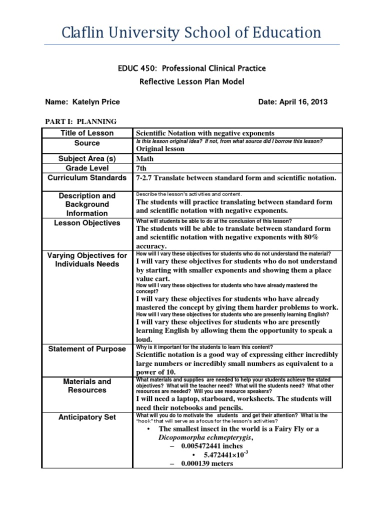 Scientific Notation Lesson Plan for 7th Grade | PDF | Lesson Plan ...