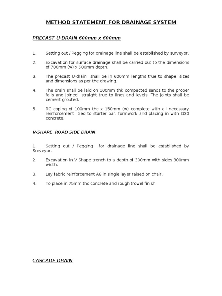 Method Statement For Drainage System PDF Drainage Concrete