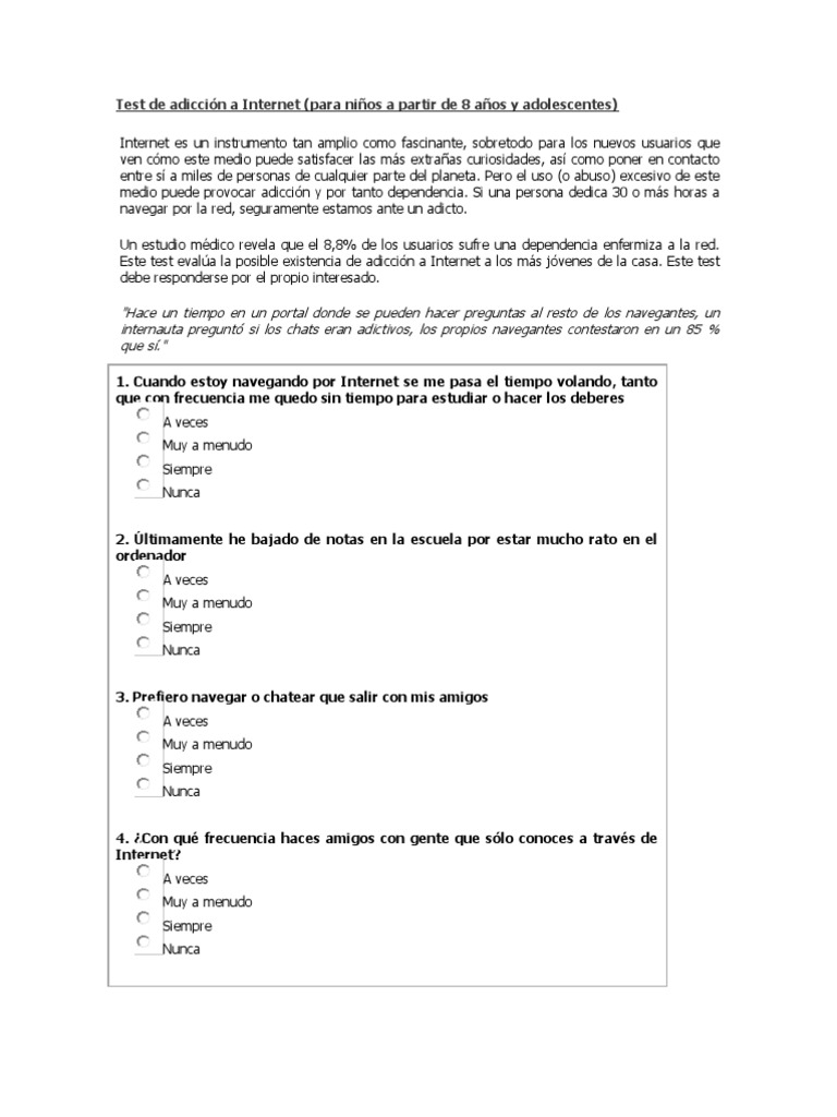 Test de Adicción a Internet para Jóvenes | PDF | Adolescencia | Internet