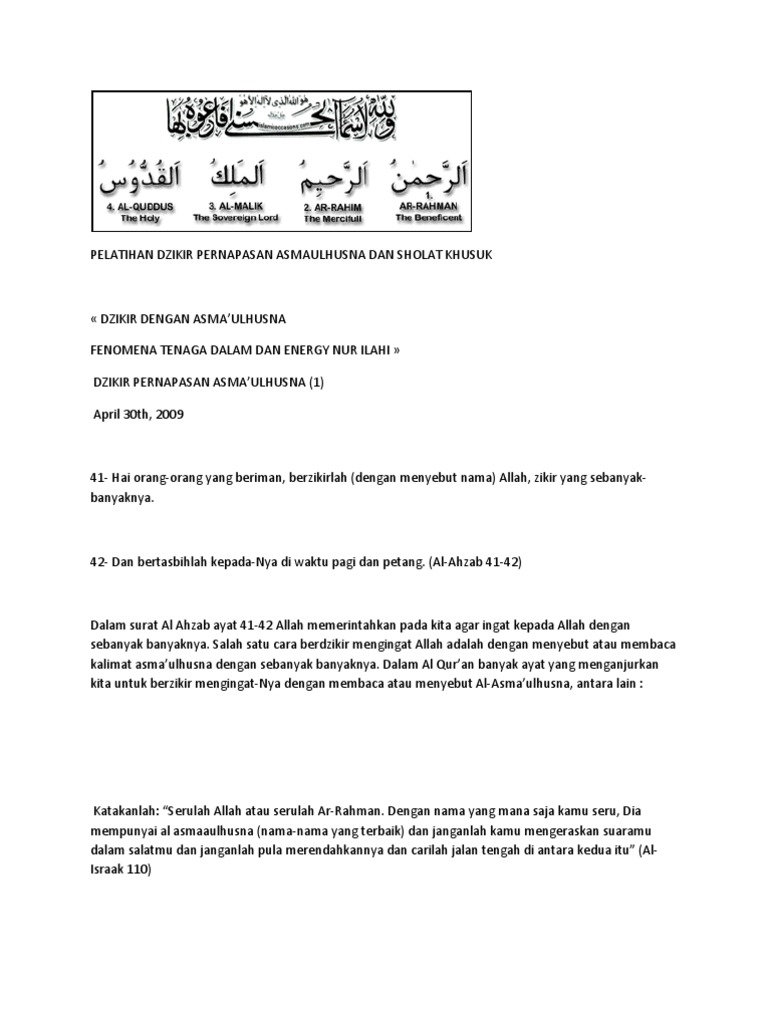 Pelatihan Dzikir Pernapasan Asmaulhusna Dan Sholat Khusuk