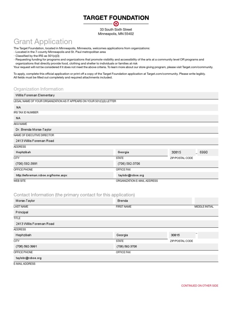 Target Foundation Grant Application Zip Code 501(C) Organization