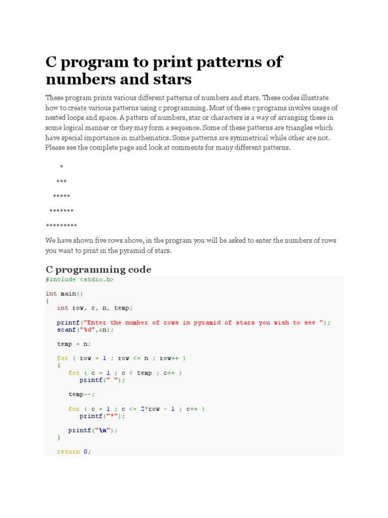 C Program To Print Patterns of Numbers and Stars | PDF | Computer ...