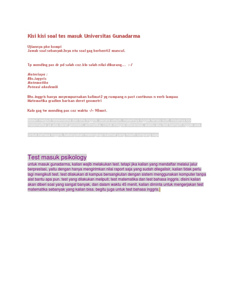 Kisi Kisi Soal Tes Masuk Universitas Gunadarma