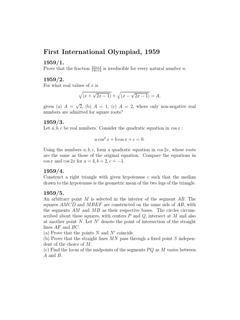 Imo - International Mathematics Olympiad 1959 | PDF | Teaching Methods ...