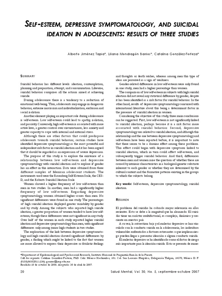 Articol Selfesteem, Depressive, Suicidal Ideation Adolescents | PDF