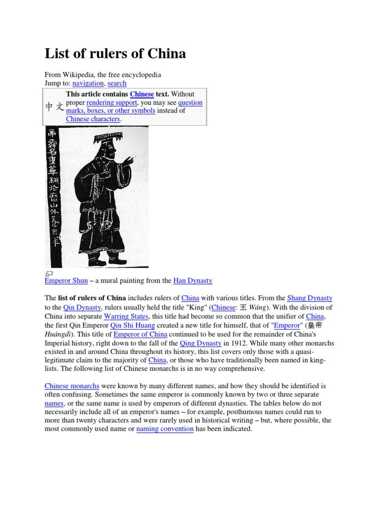 List of Rulers of China Emperor Of China History Of China