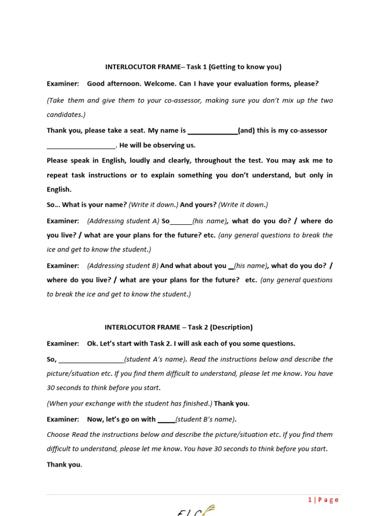 Interlocutor Frame PDF Test (Assessment) Cognition