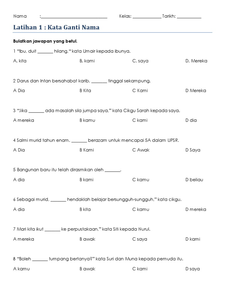 Latihan Kata Ganti Nama