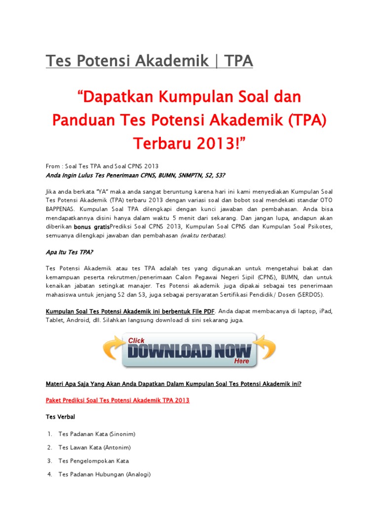 Contoh Soal Tes Potensi Akademik Masuk Kuliah Contoh Soal Tpa