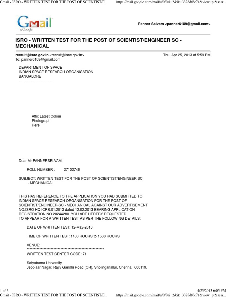 Gmail - Isro - Written Test For The Post of Scientist - Engineer 