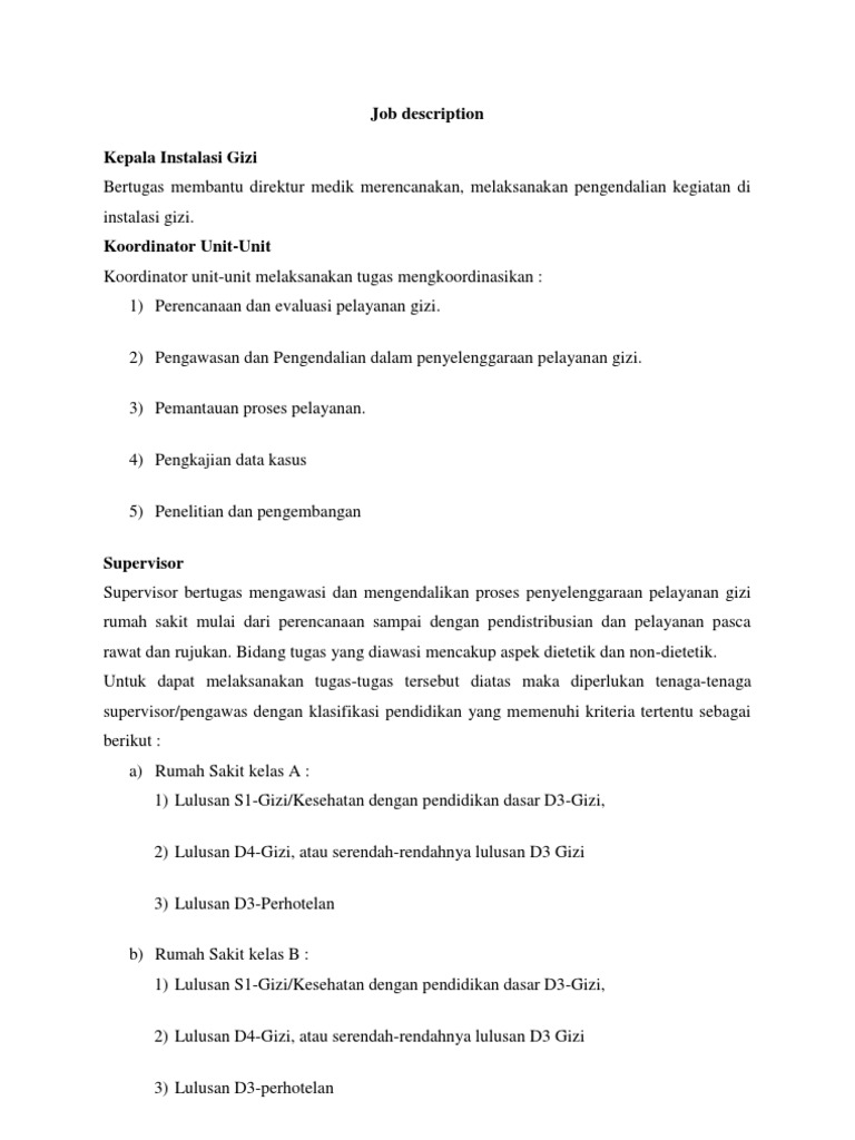 Deskripsi Jabatan Pelayanan Gizi | PDF