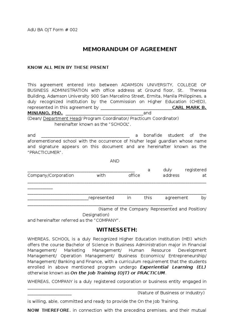 Adamson University Business Administration Department OJT MOA Form ...