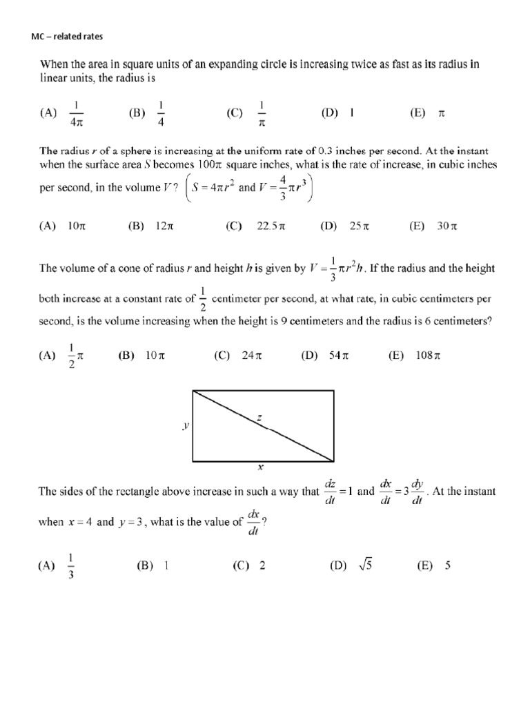 AP CALCULUS BC MC Related Rates PDF Advanced Placement Calculus