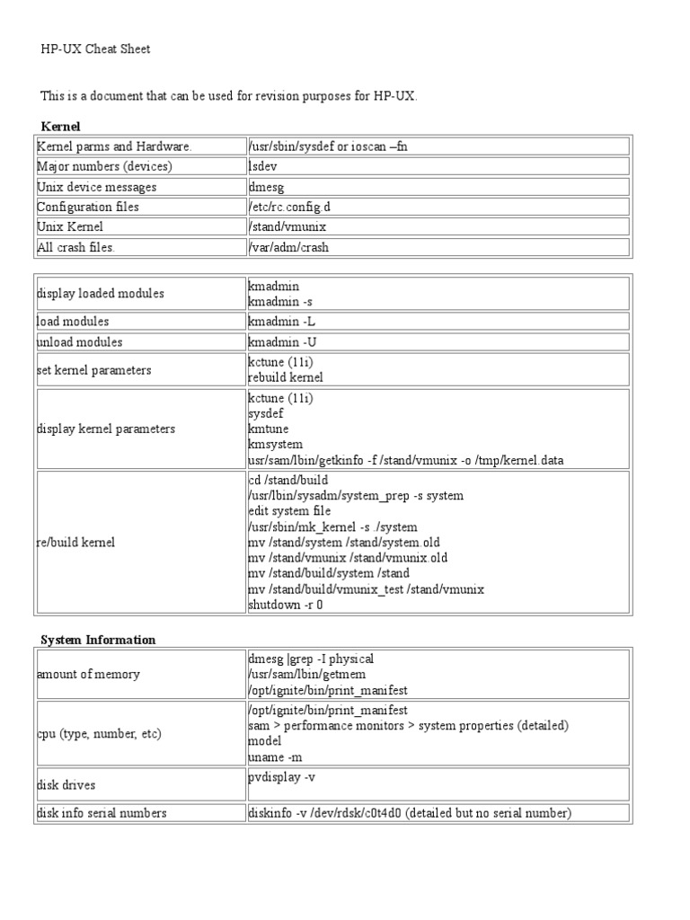 Hpux Cheat Sheet Pdf Booting Kernel Operating System