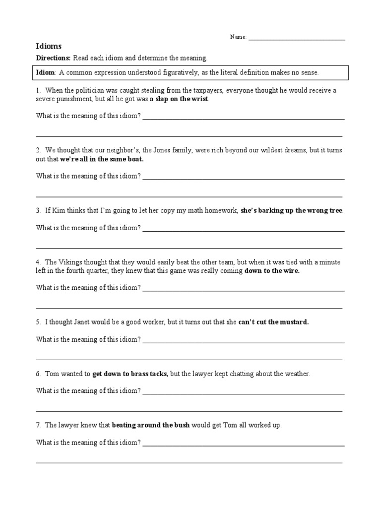 Idiom Worksheet