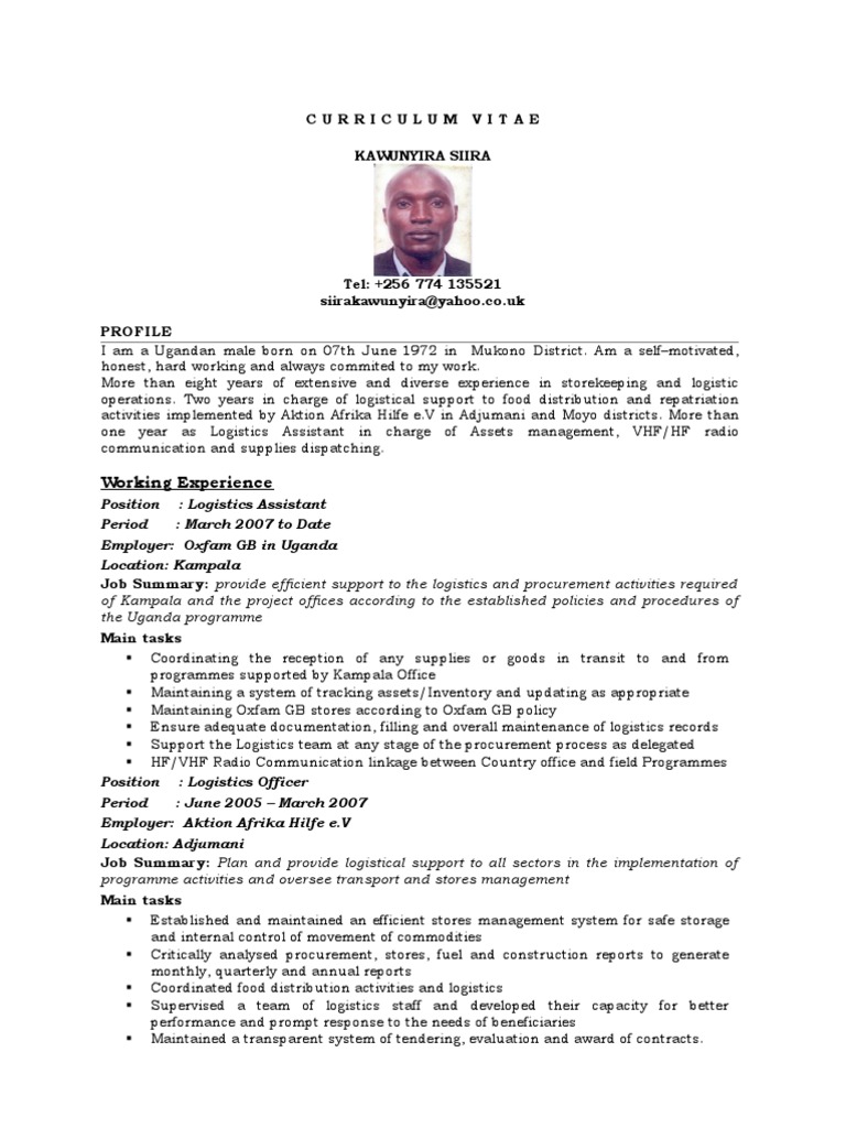 Siira C V Storekeeper Pdf Uganda Logistics