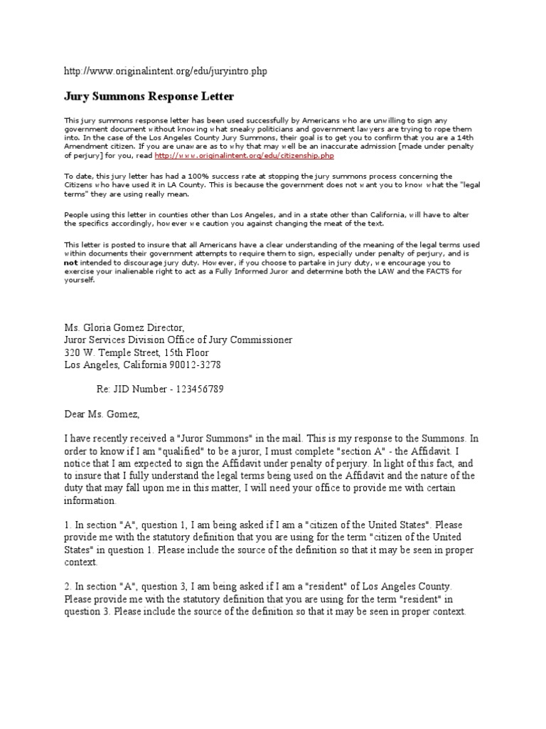 Jury Summons Response Template | PDF | Perjury | Affidavit