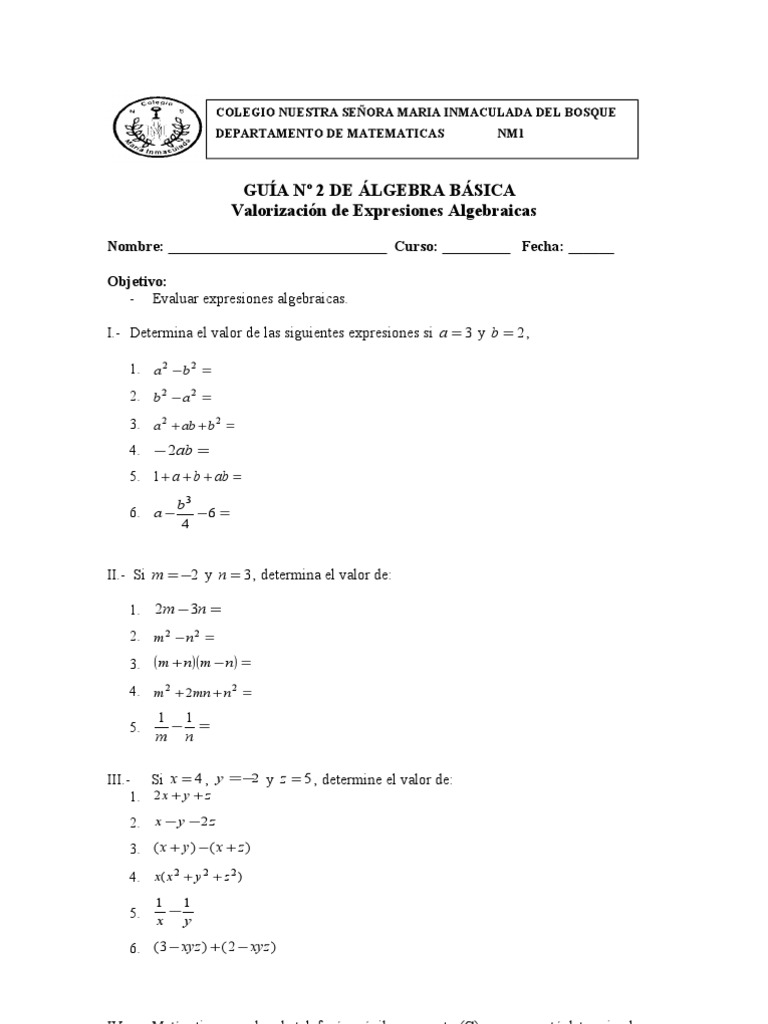Hoja De Trabajo Para Evaluar Expresiones Algebraicas En Formato Pdf