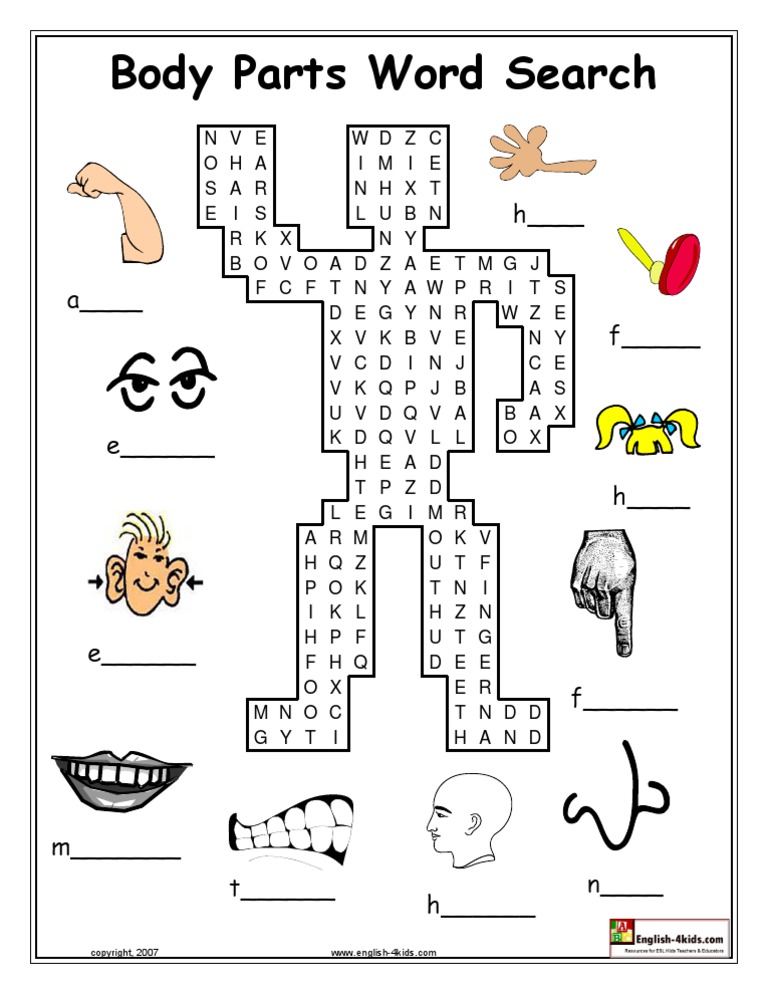 Body Parts Word Search PDF