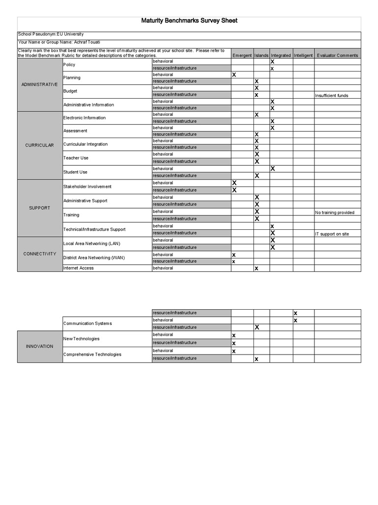 Maturity Benchmarks Survey Sheet: X X X X X X X X X X X X | PDF