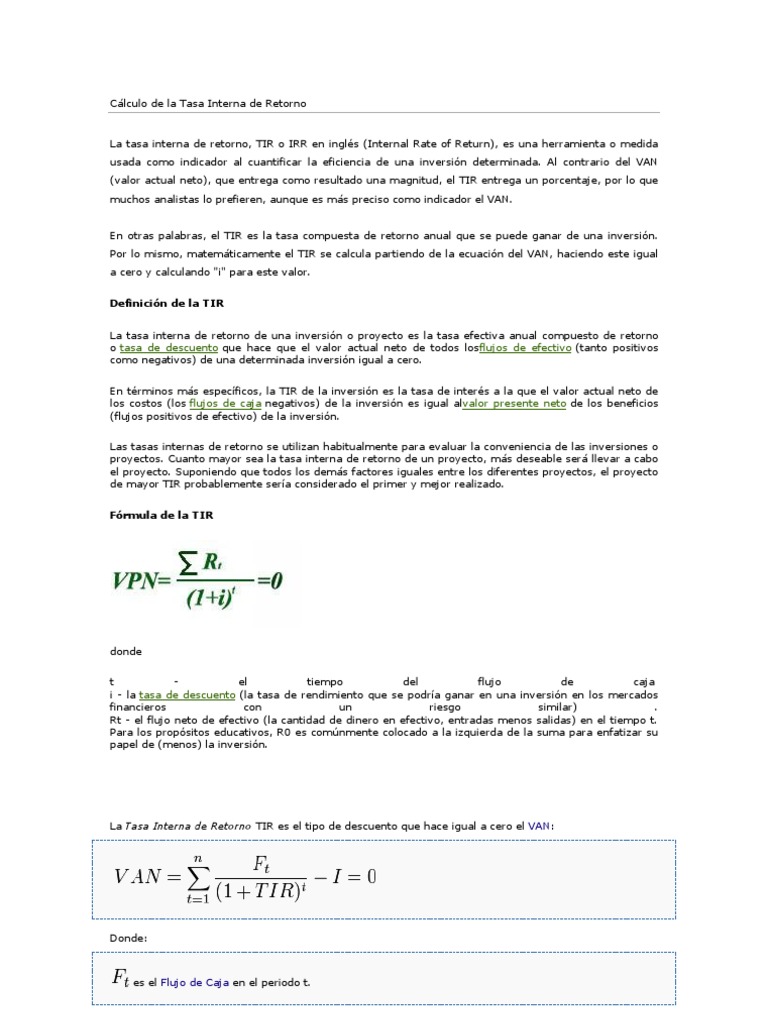 Cálculo de La Tasa Interna de Retorno y Van | PDF | Tasa interna de ...