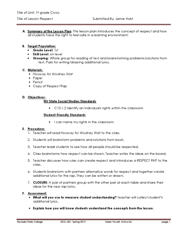1st Grade Respect Lesson | PDF | Language Arts & Discipline