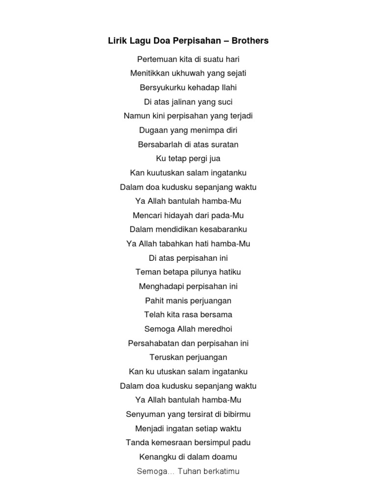 Lirik Doa Perpisahan - Soal Tematik