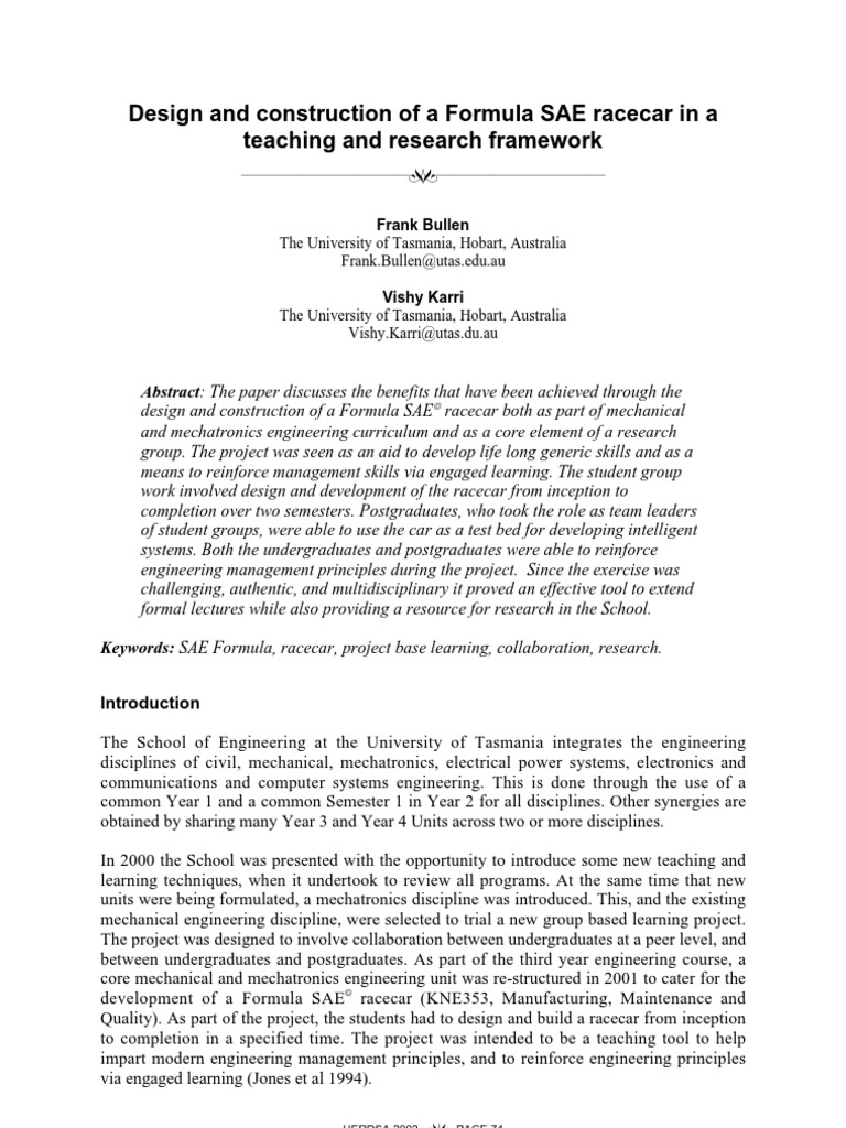 Design and Construction of A Formula SAE Racecar in A Teaching and ...