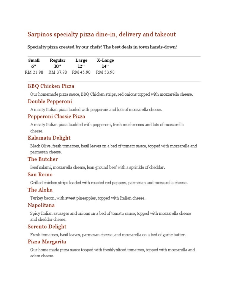 Sarpinos Specialty Pizza Dine | PDF | Pizza | Tomato Sauce