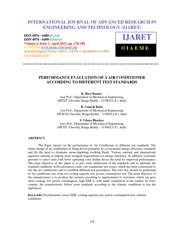 Performance Evaluation of A Air Conditioner According To Different Test ...