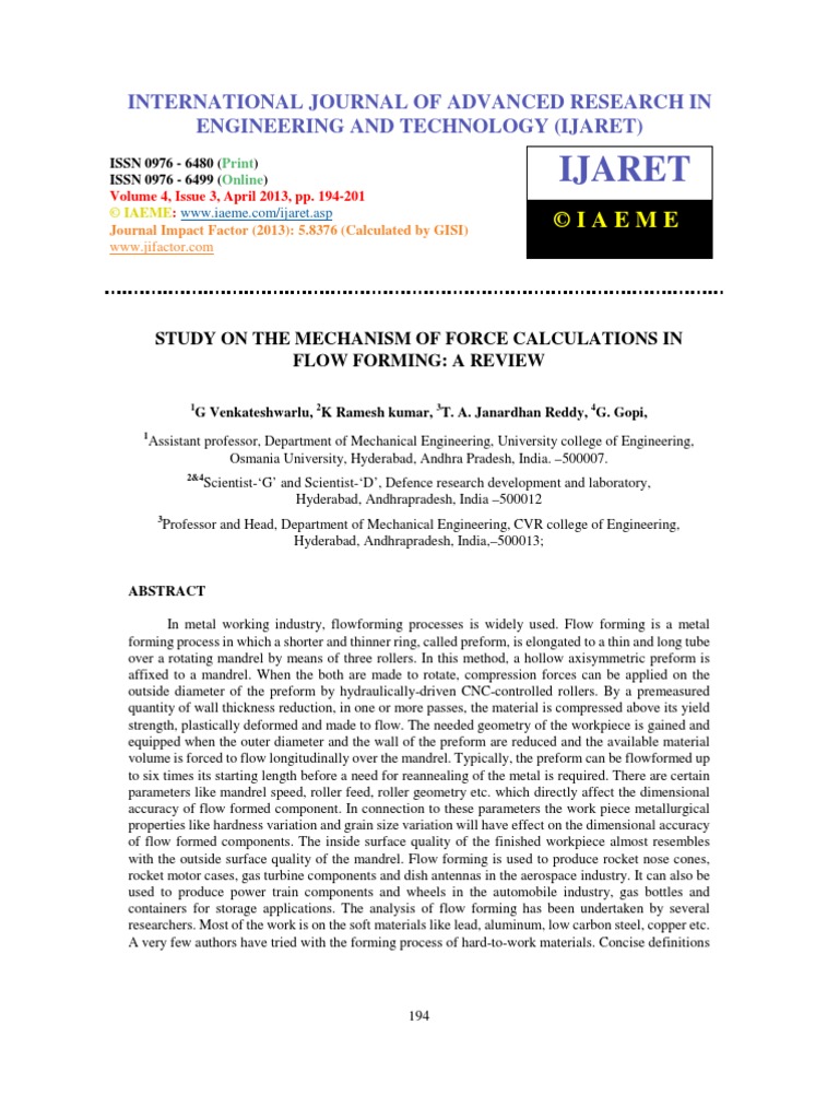 Study On The Mechanism of Force Calculations in Flow Forming A Review ...