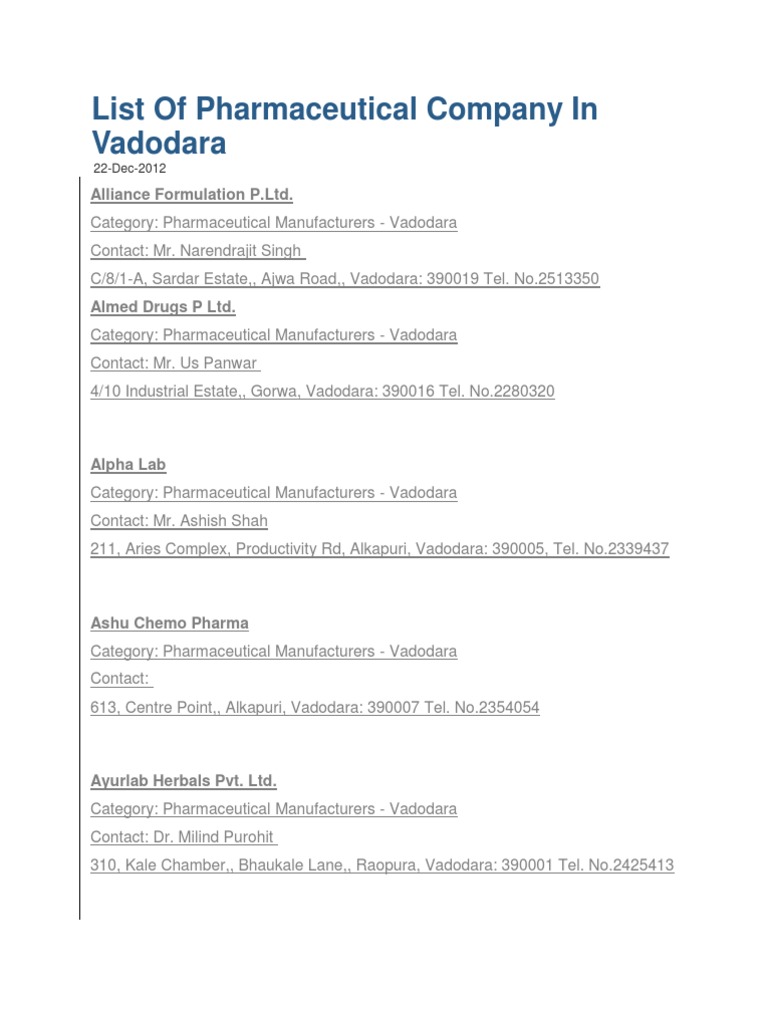 List Of Pharmaceutical Company In Vadodara Industries Therapy