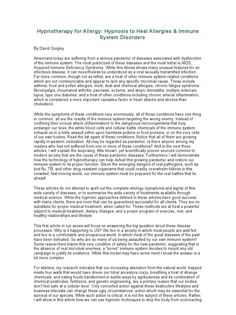 Hypnotherapy For Allergy PDF Immune System Allergy