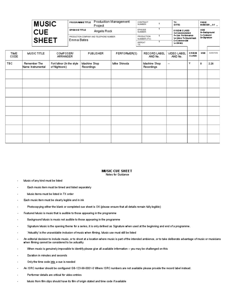 Music CUE Sheet: Production Management Project Angels Rock Emma Bates | PDF
