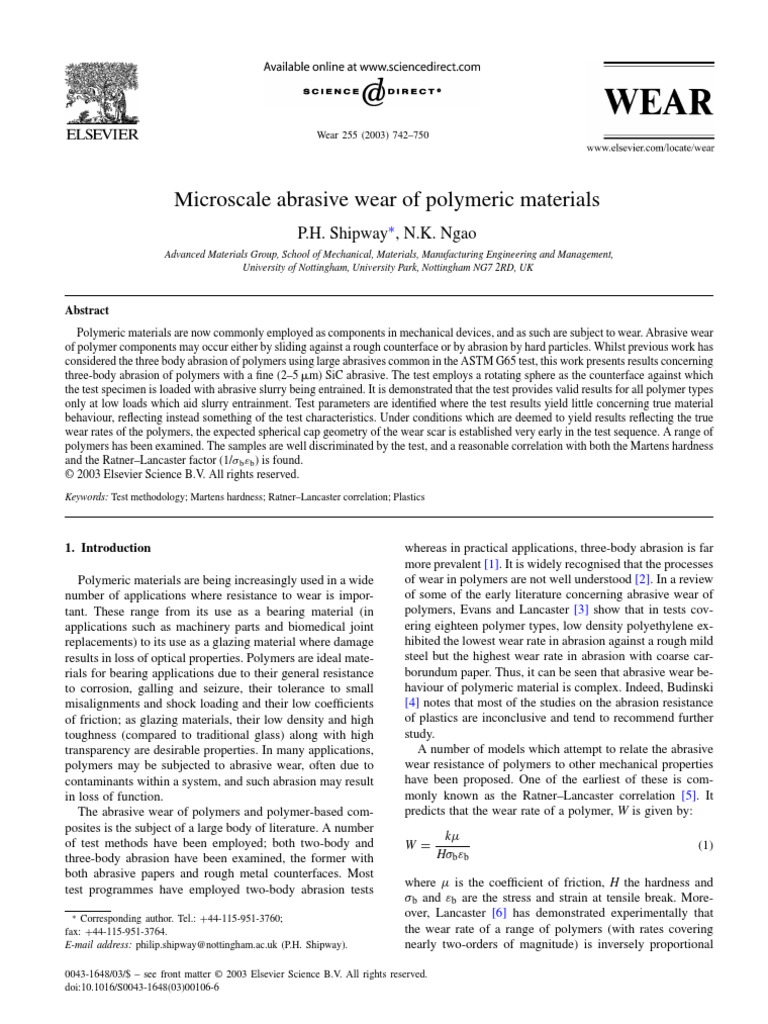 Microscale Abrasive Wear of Polymeric Materials PDF Wear Polymers