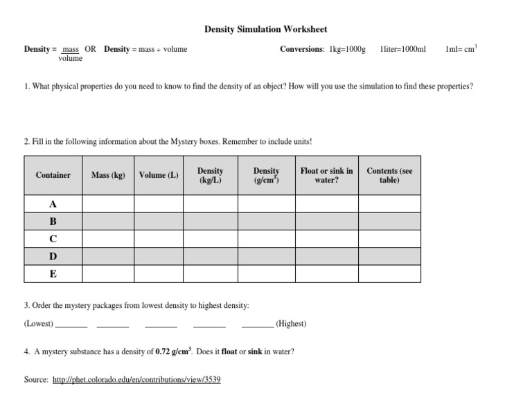 Density Simulation Worksheet Guide | PDF
