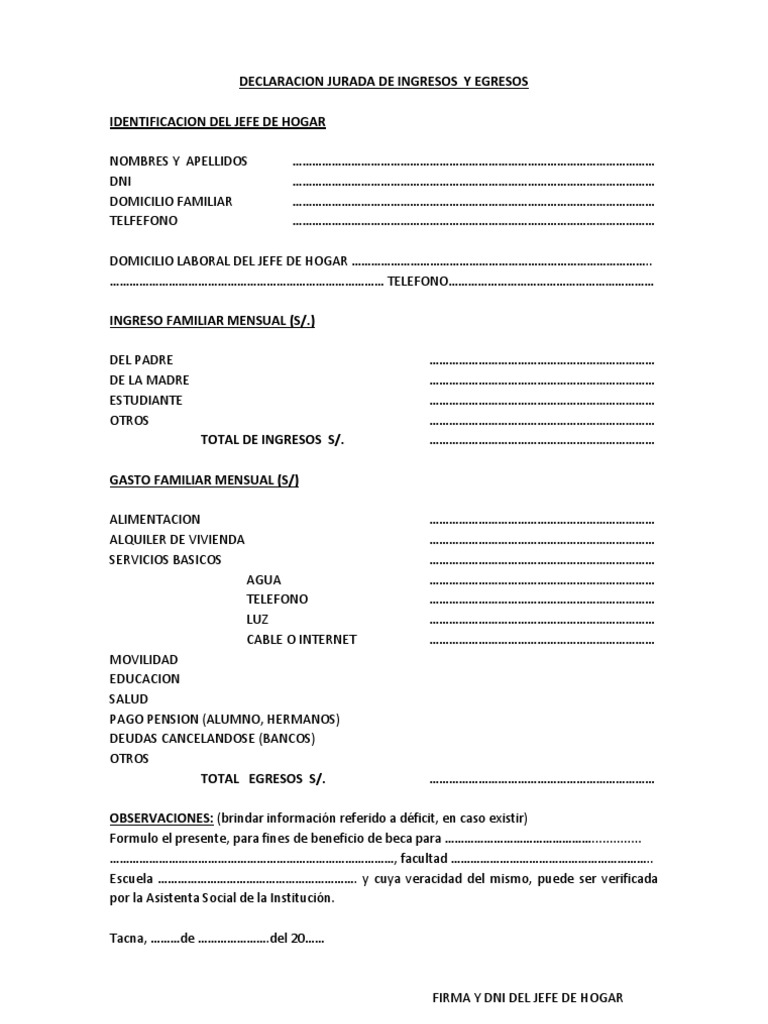 Declaración Jurada de Ingresos y Egresos | PDF | Hogar, jardinería y ...