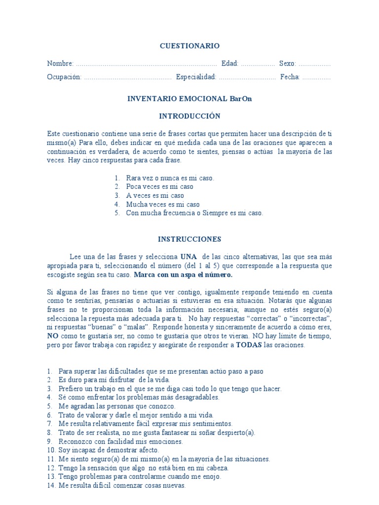 Cuestionario de BarOn | PDF | Toma de decisiones | Sicología