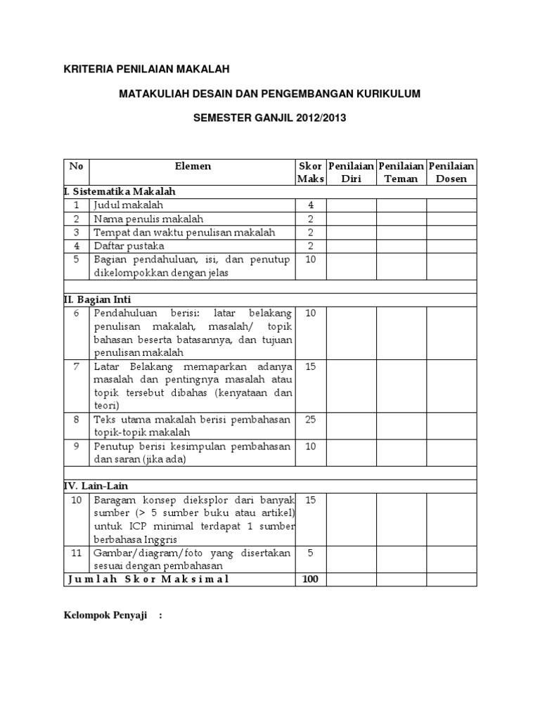 Kriteria Penilaian Makalah Dan Presentasi