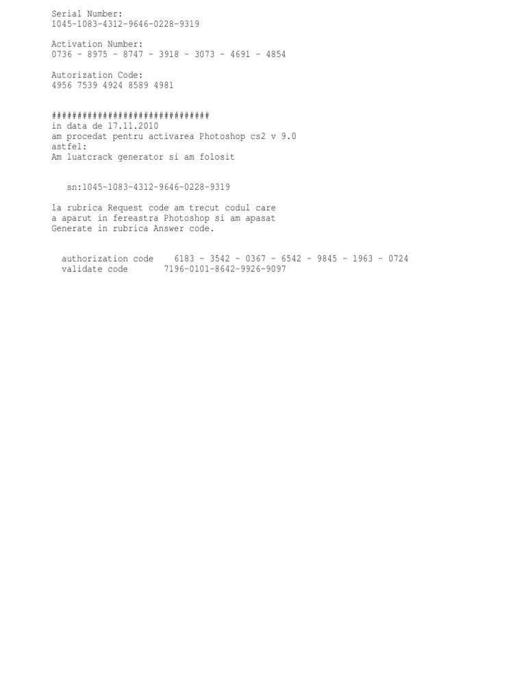Adobe 9 Cs2 Serial + Activation Number & Autorization Code A