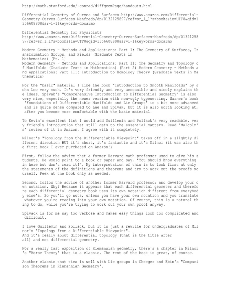 Differential Geometry Notes PDF Differential Geometry