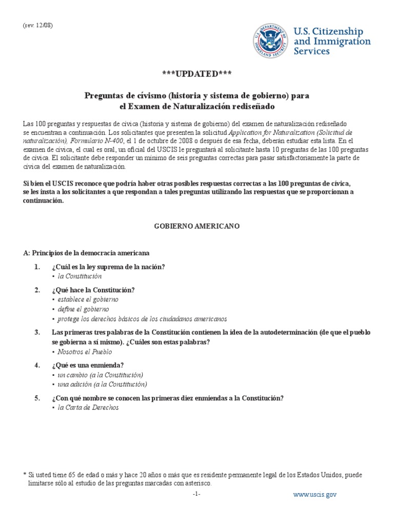 Citizenship Questions Spanish Nuevo Examen de Ciudadania PDF