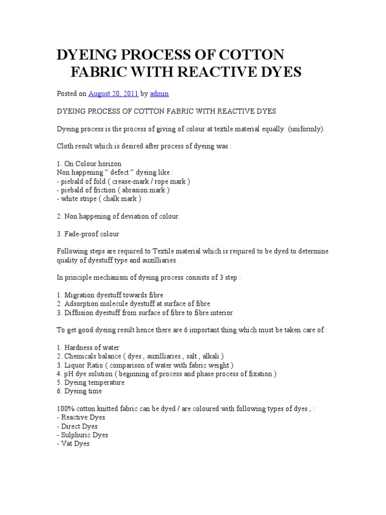 Dyeing Process of Cotton Fabric With Reactive Dyes PDF Dye Sodium