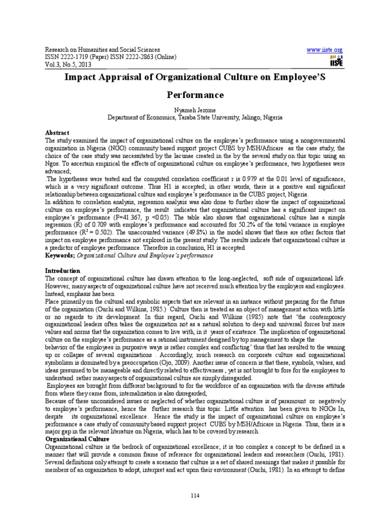Impact Appraisal of Organizational Culture On Employee'S Performance ...