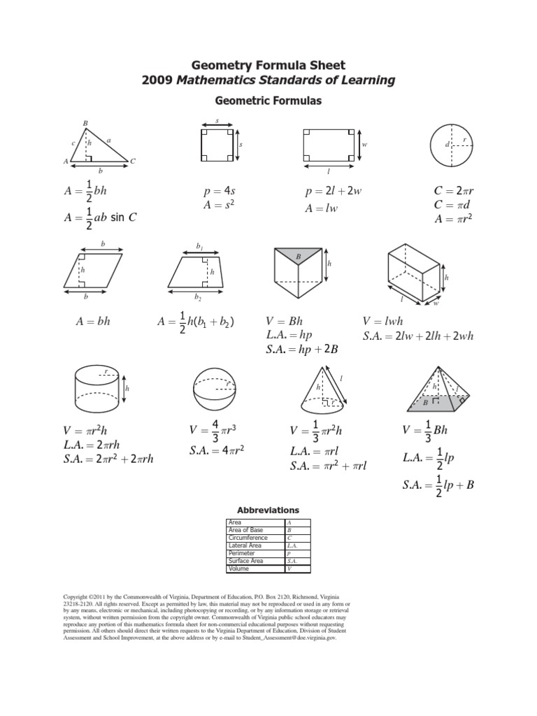 Formula Sheet Geometry | PDF | Triangle | Angle