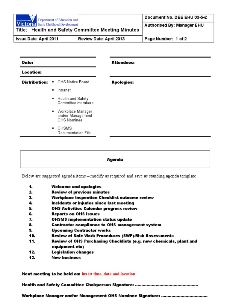 DEE EHU-22!22!22 Health and Safety Committee Meeting Minutes  PDF In Safety Meeting Minutes Template