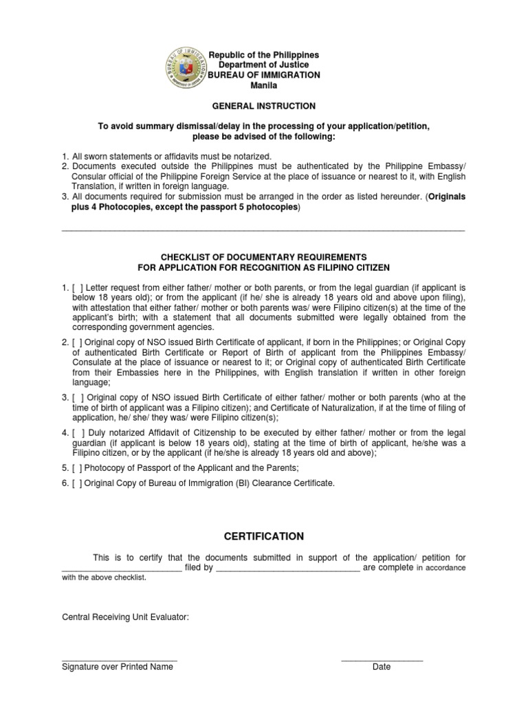 Recognition as Filipino Citizen Birth Certificate Notary Public