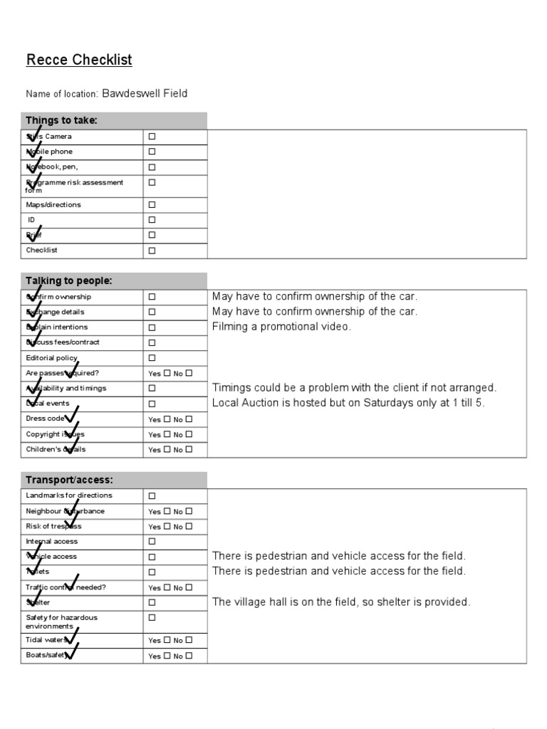 Recce Checklist Bawdeswell Field | PDF