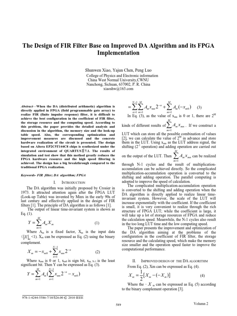 The Design of FIR Filter Base On Improved DA Algorithm and Its FPGA ...