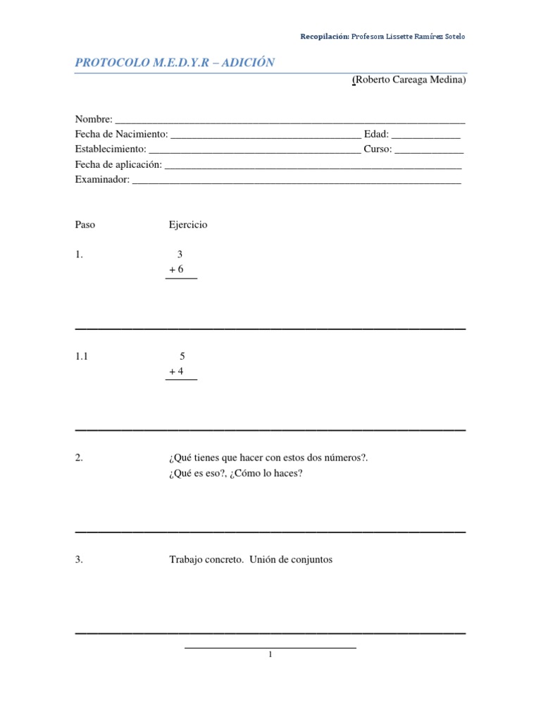 Protocolo M.E.D.Y.R: Ejercicios Matemáticos | PDF